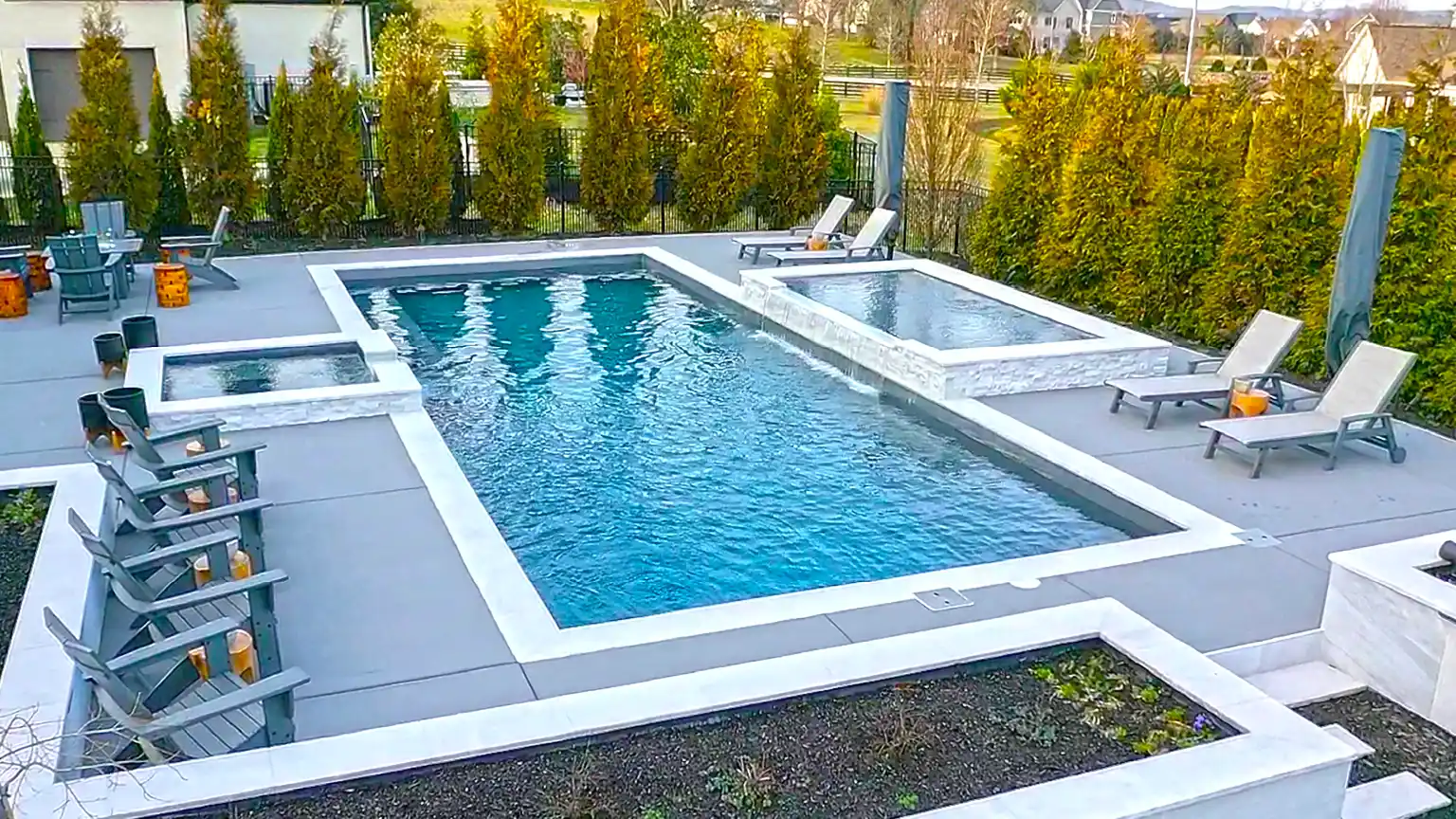 Finished fiberglass pool with patio and hardscape in Middle Tennessee